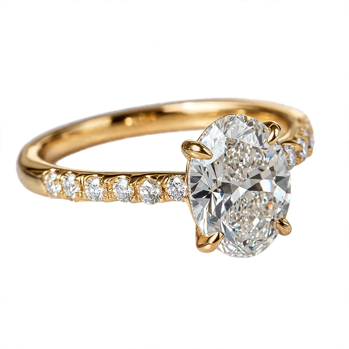 14K Yellow Gold Oval Cut Diamond Engagement Ring with Pavé Band