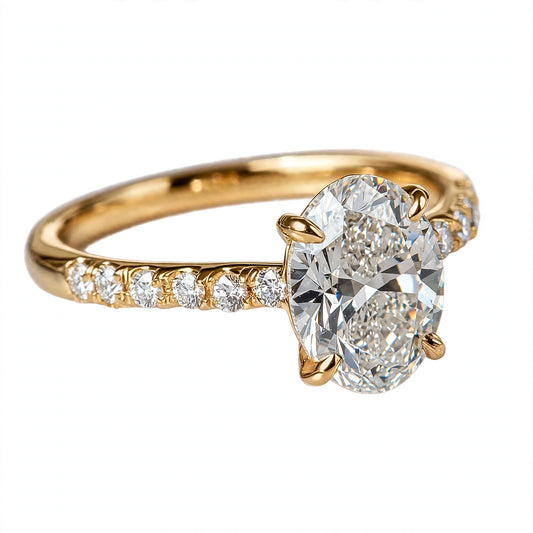 14K Yellow Gold Oval Cut Diamond Engagement Ring with Pavé Band