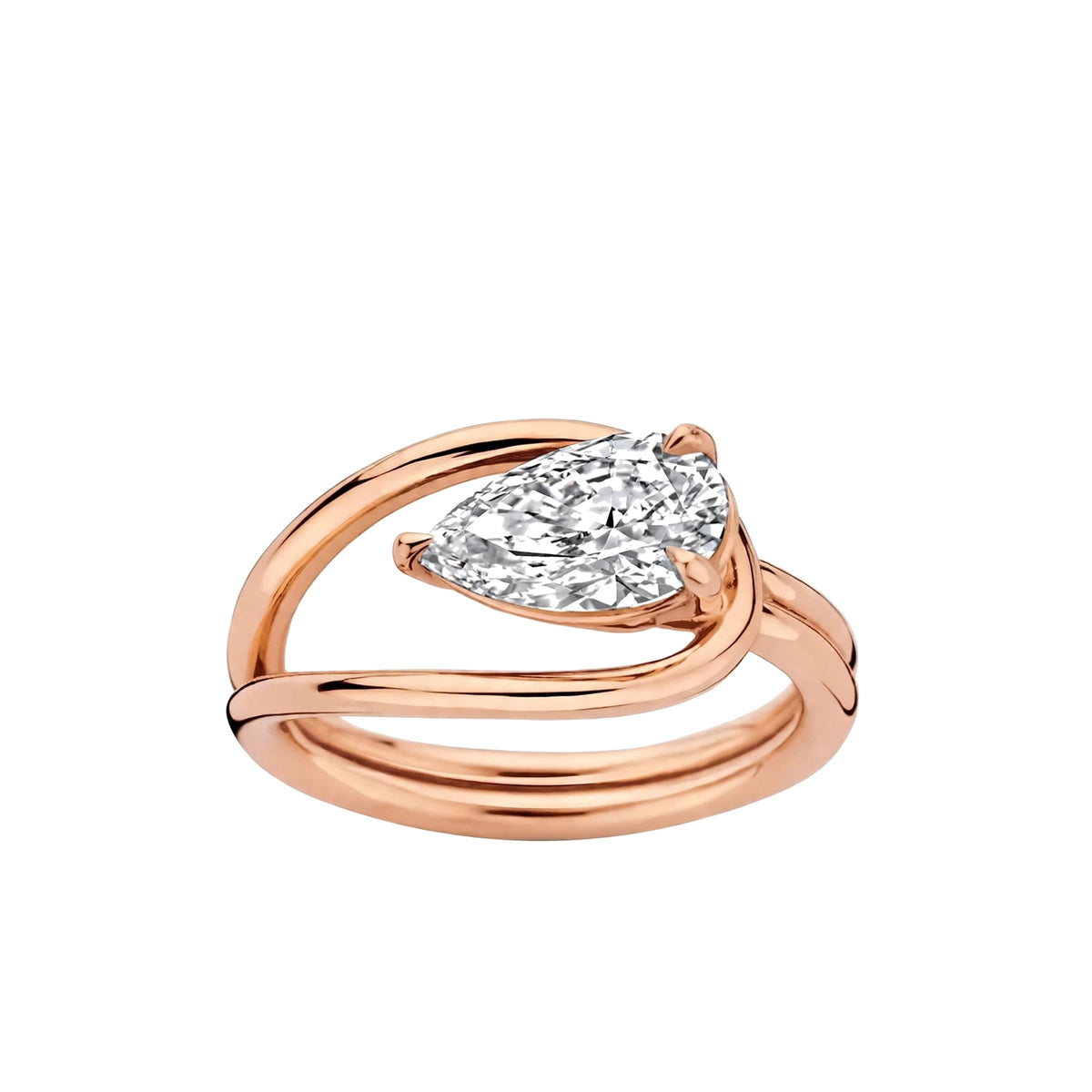 14K Yellow Gold Sculptural Pear-Shaped Diamond Wave Ring.
