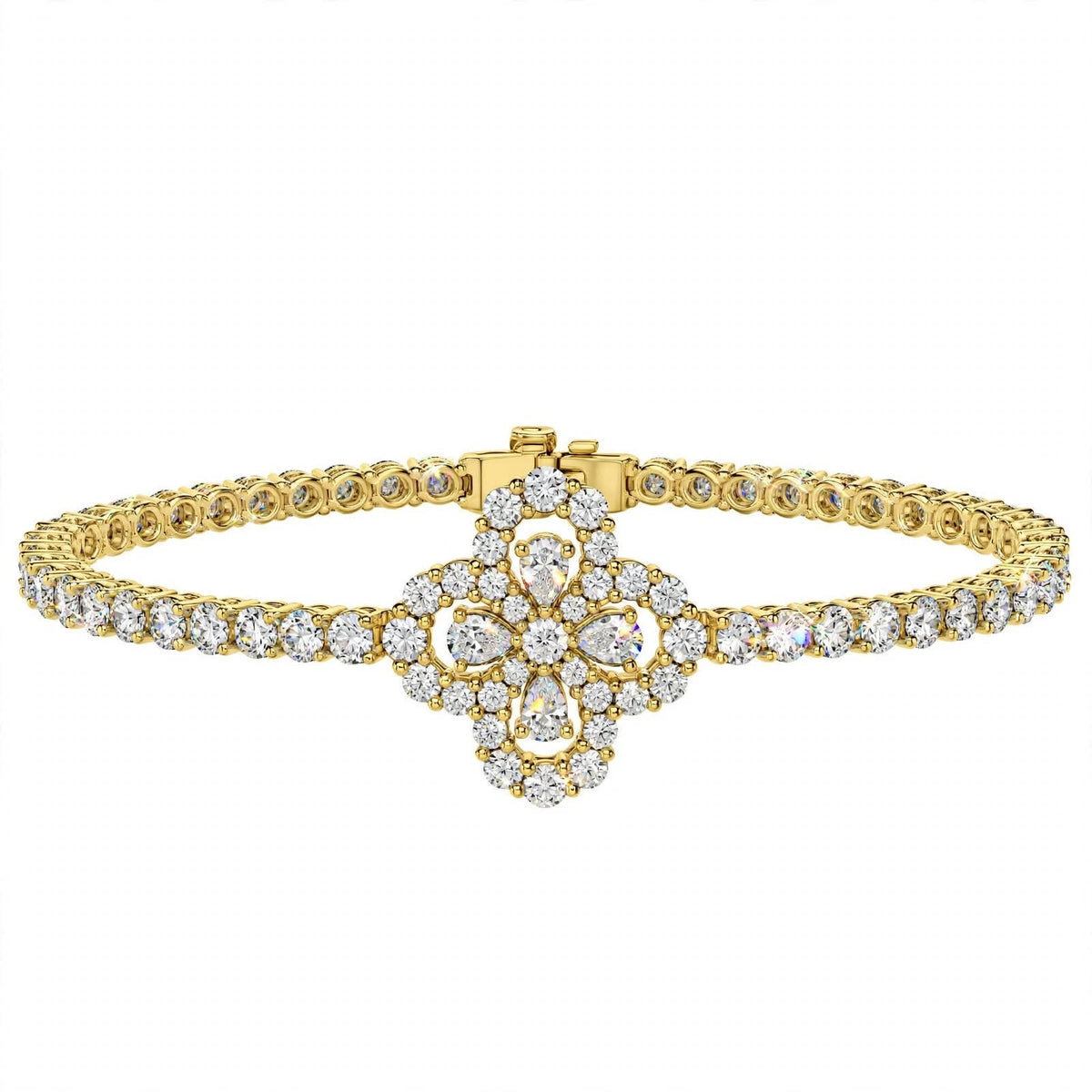 18K White Gold Pear and Round Cut Diamond Clover Charm Tennis Bracelet