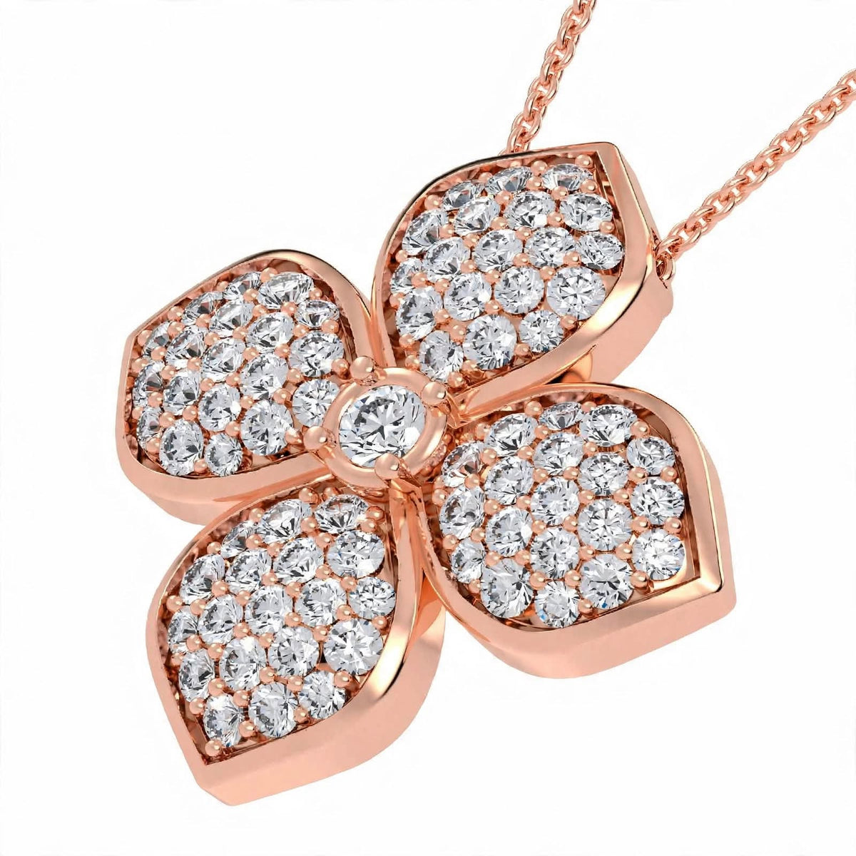 18K Yellow Gold Pavé Diamond Four-Petal Flower Pendant Necklace