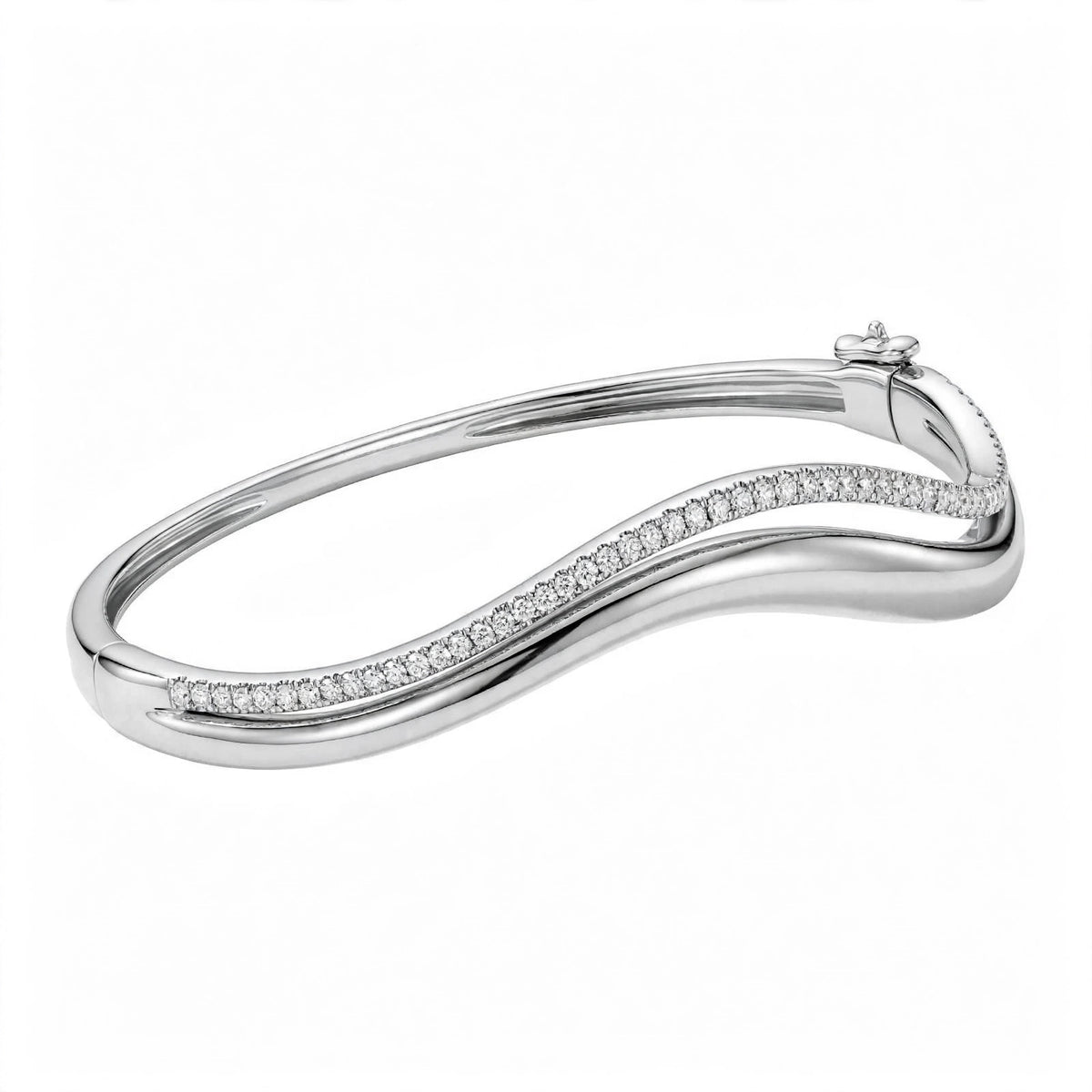 14K Yellow Gold Double Wave Pavé Diamond Bangle Bracelet