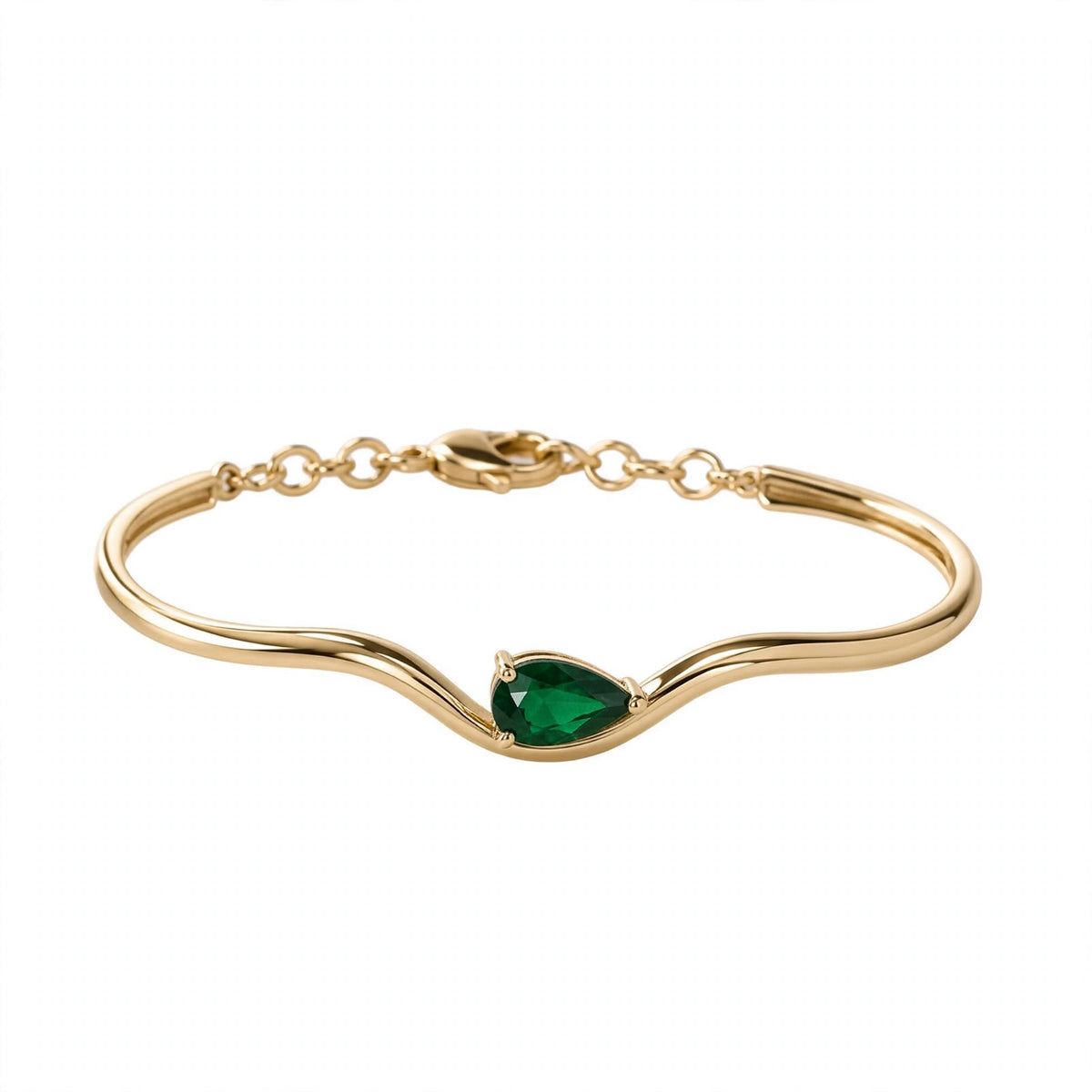 14K Yellow Gold Minimalist Pear-Shaped Emerald Asymmetric Wave Bangle Bracelet