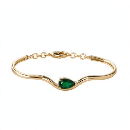 14K Yellow Gold Minimalist Pear-Shaped Emerald Asymmetric Wave Bangle Bracelet