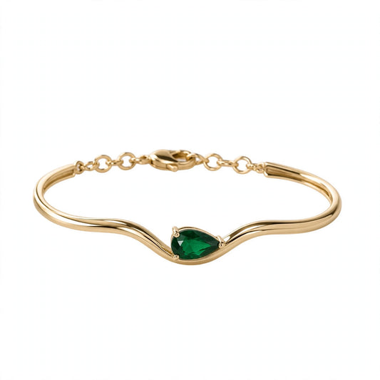 14K Yellow Gold Minimalist Pear-Shaped Emerald Asymmetric Wave Bangle Bracelet