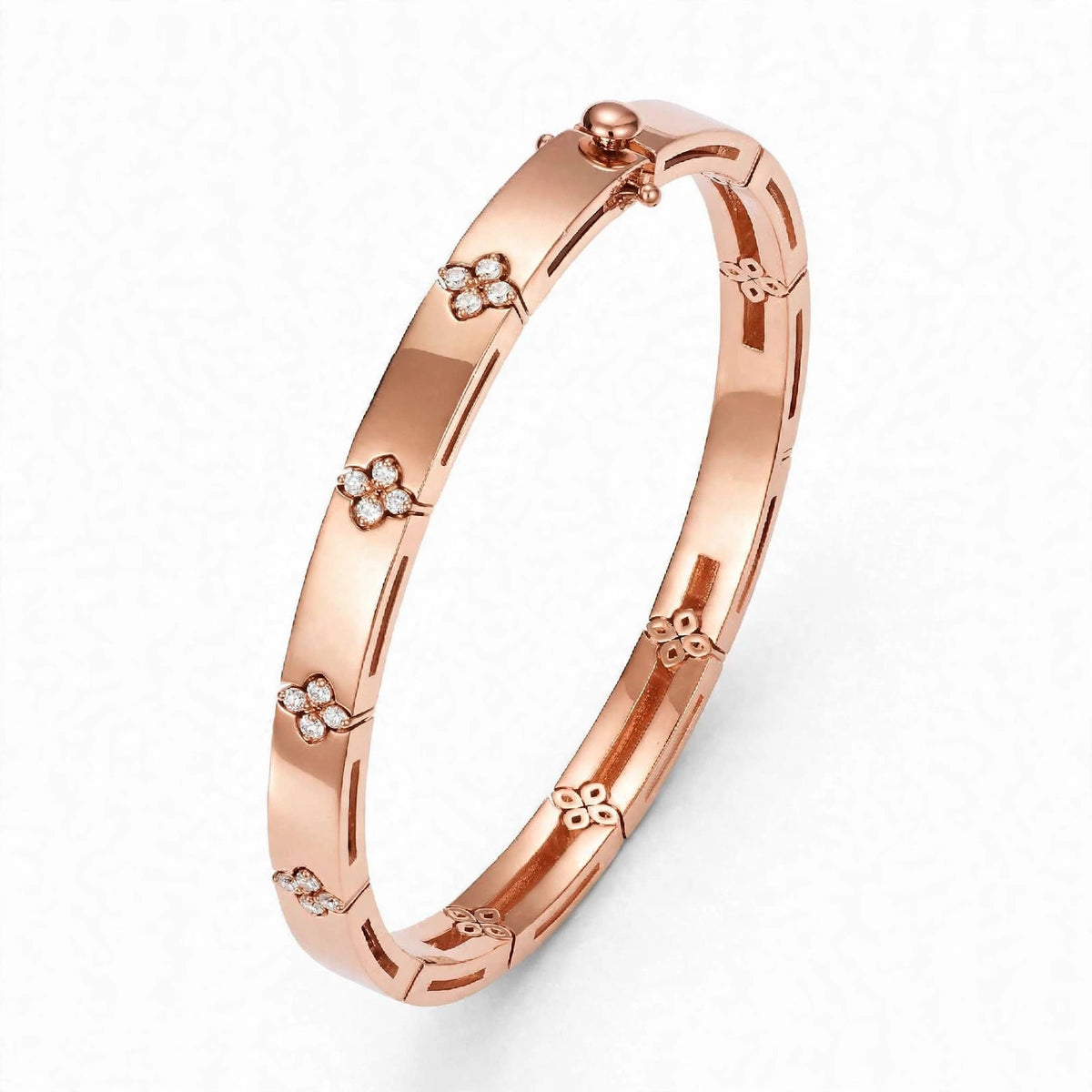 18K Yellow Gold Diamond Flower Station Bangle Bracelet