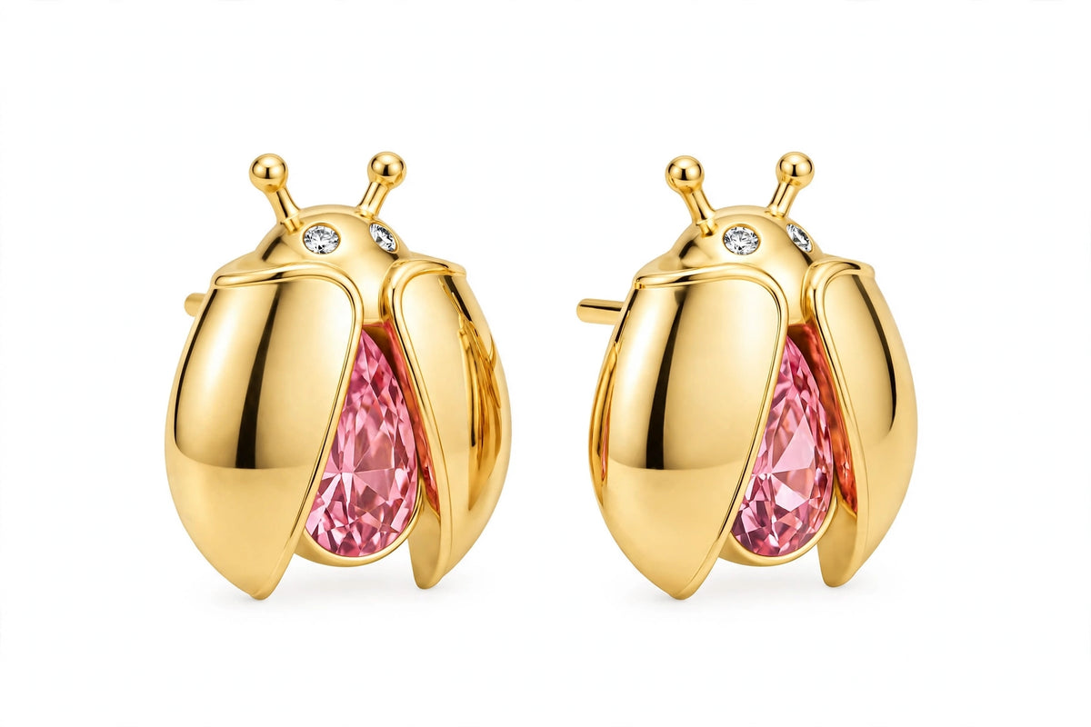 14K Gold Ladybug Stud Earrings with Pear-Cut Pink Zirconia & Crystal Eyes.
