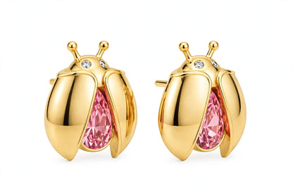 14K Gold Ladybug Stud Earrings with Pear-Cut Pink Zirconia & Crystal Eyes.