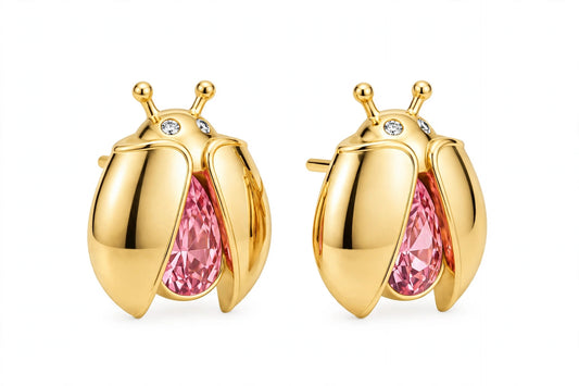 14K Gold Ladybug Stud Earrings with Pear-Cut Pink Zirconia & Crystal Eyes.