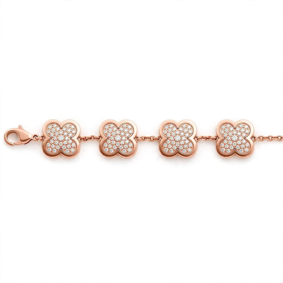 18K Yellow Gold Pavé Diamond Clover Charm Link Bracelet