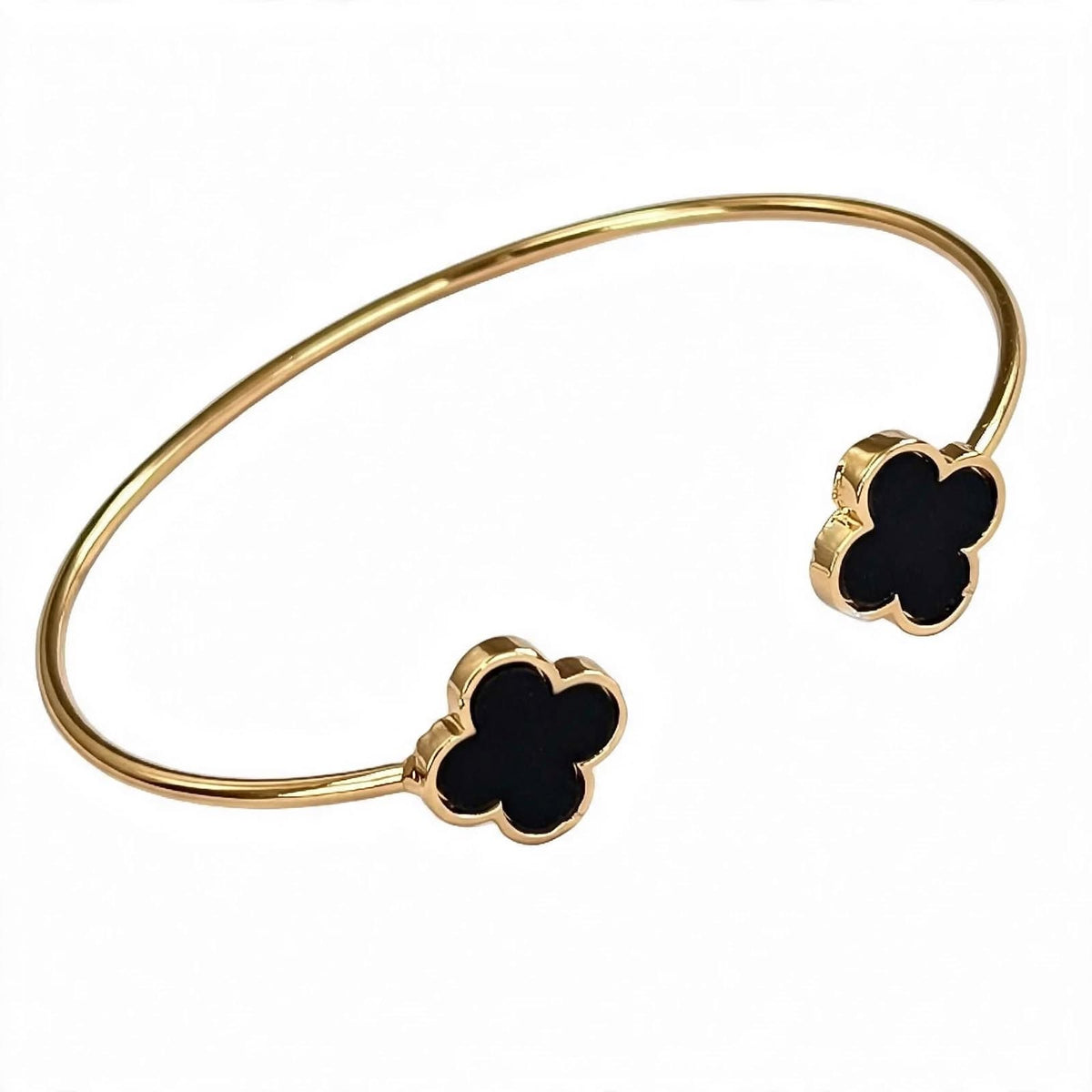 18K Gold Plated Open Cuff Bangle with Twin Black Clover Motifs