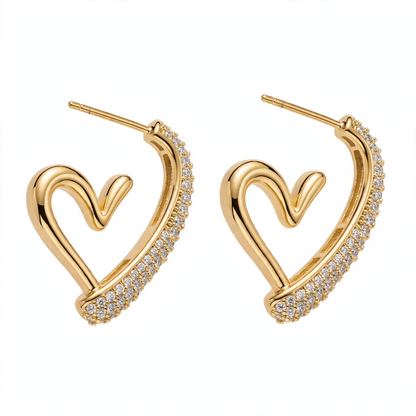 18K Gold Plated Crystal Pavé Open Heart Half Hoops