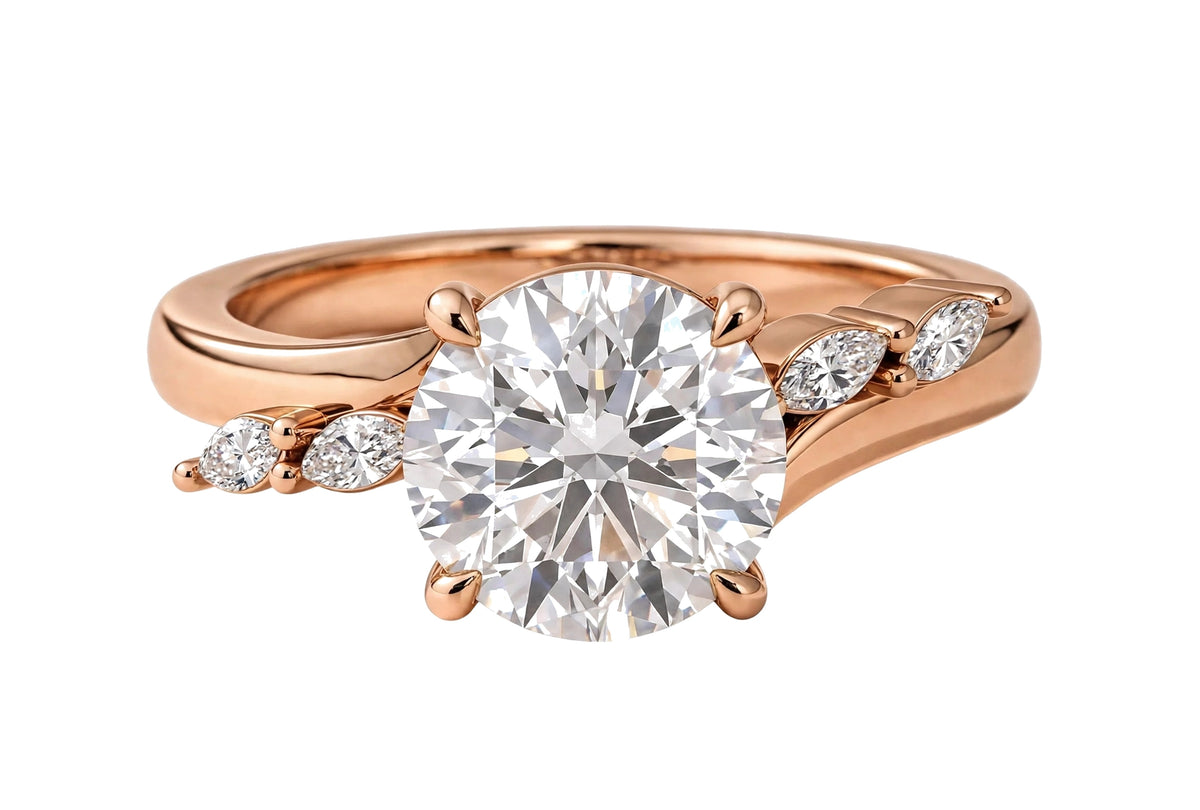 14K Yellow Gold Nature-Inspired Round Cut Solitaire Engagement Ring with Marquise Diamond Accents.