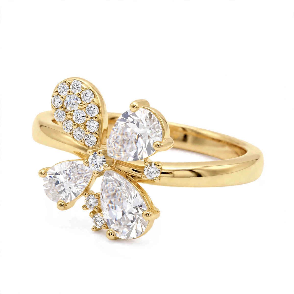 14K Yellow Gold Fancy Cluster Diamond Butterfly Ring