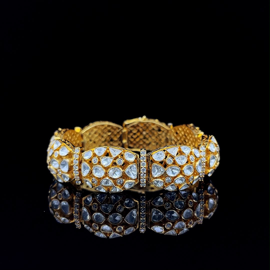 Kundan polki gold and diamonds broad bridal bracelet.