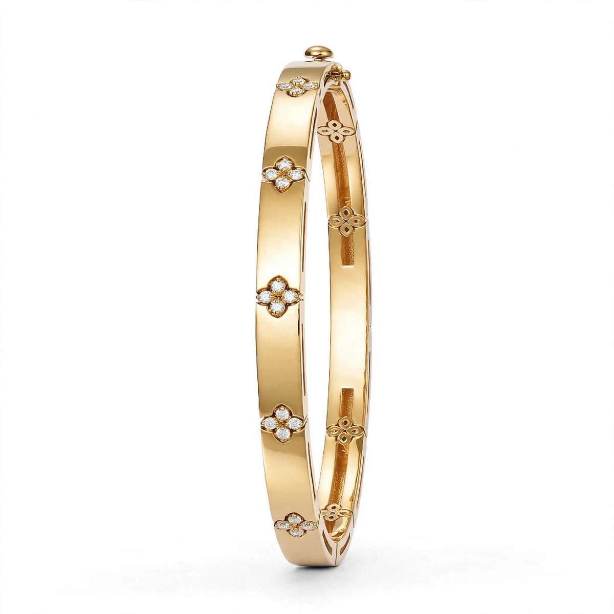 18K Yellow Gold Diamond Flower Station Bangle Bracelet