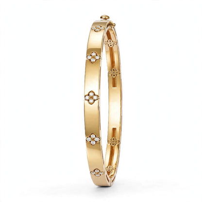 18K Yellow Gold Diamond Flower Station Bangle Bracelet