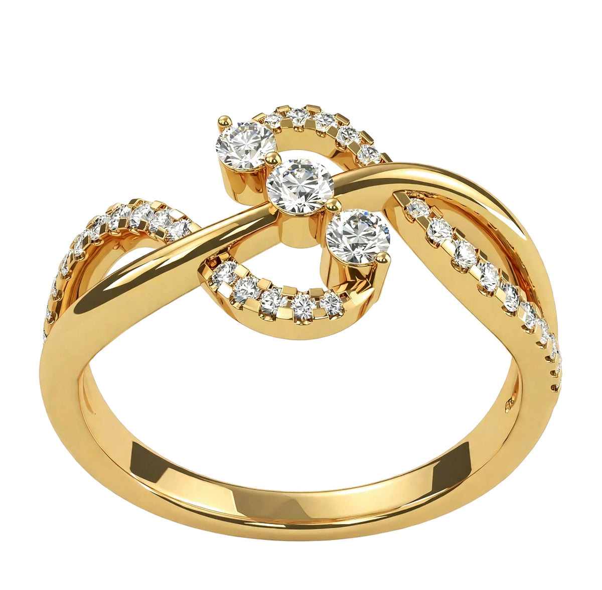 14K Yellow Gold Infinity Twist Three Stone Bypass Diamond Ring.