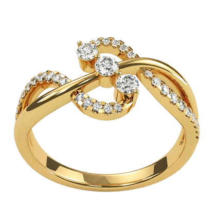14K Yellow Gold Infinity Twist Three Stone Bypass Diamond Ring.