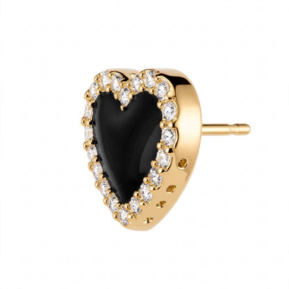 14K Yellow Gold Black Onyx Heart Stud Earrings with Diamond Halo