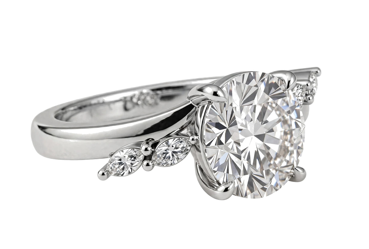 14K Yellow Gold Nature-Inspired Round Cut Solitaire Engagement Ring with Marquise Diamond Accents.