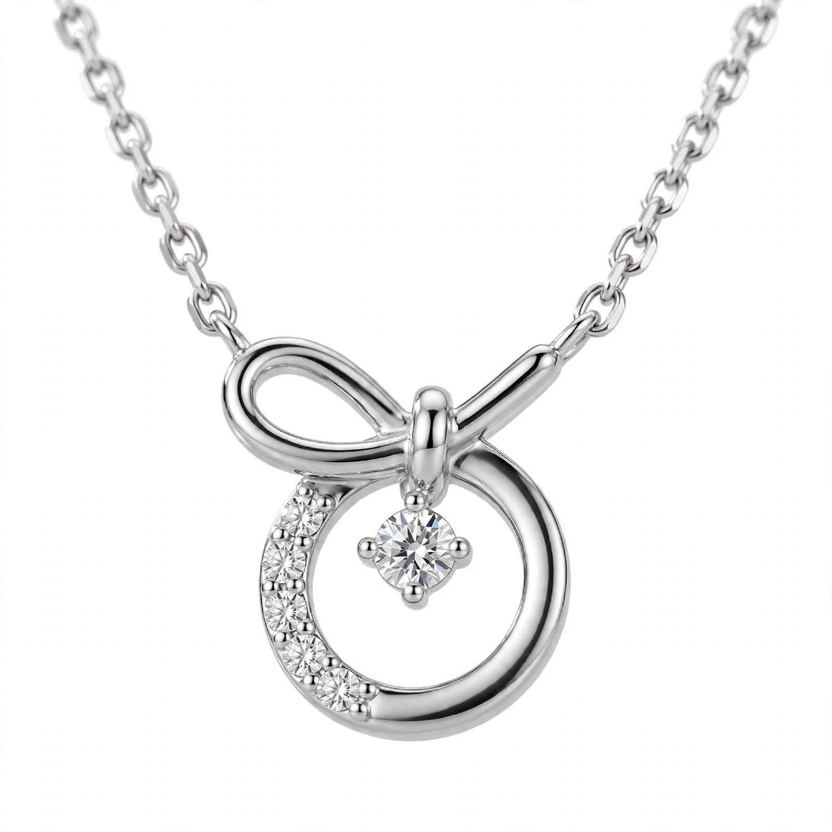 14K White Gold Promise Knot Bow Diamond Pendant Necklace
