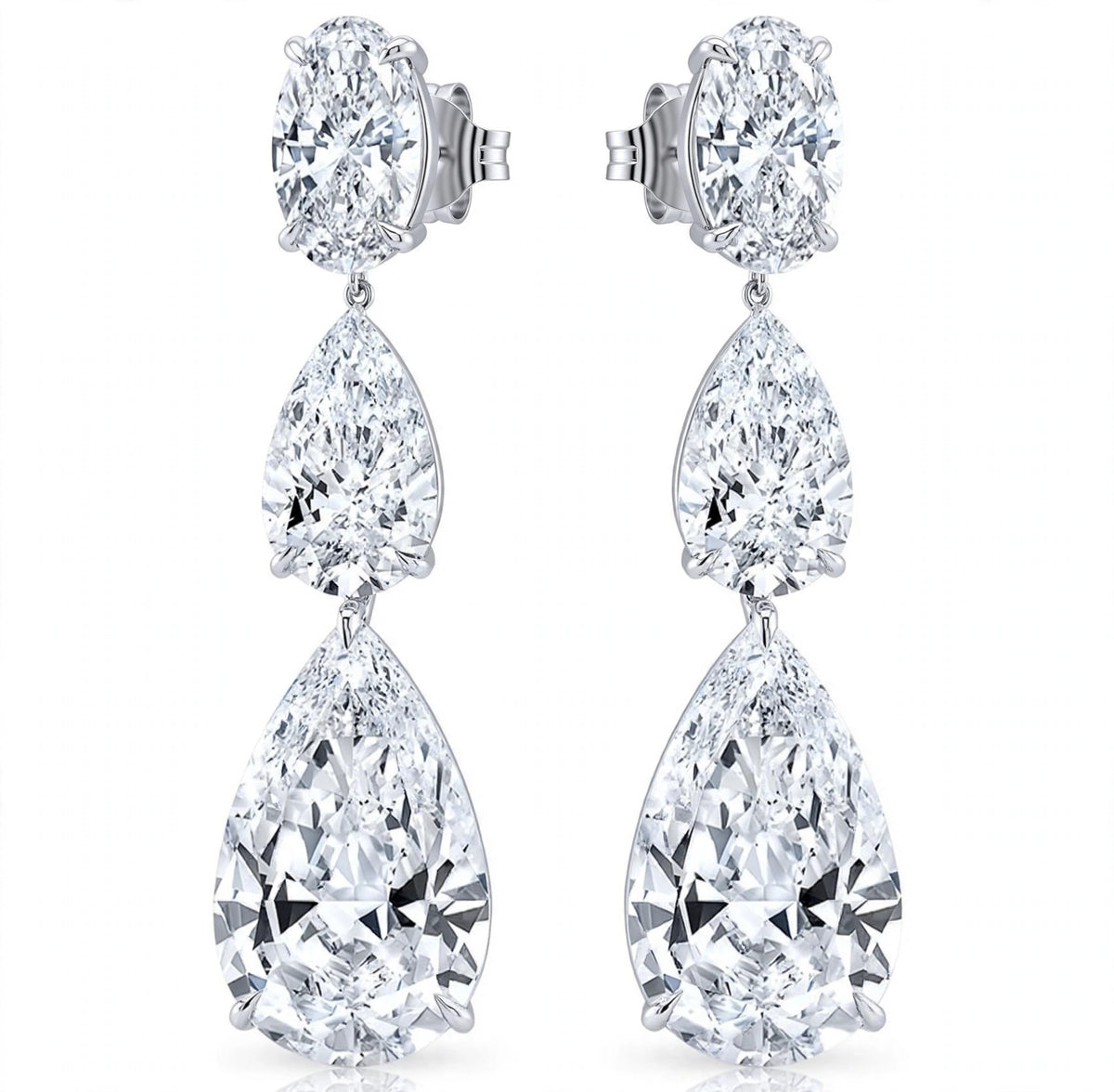 18K White Gold Three Stone Diamond Earrings