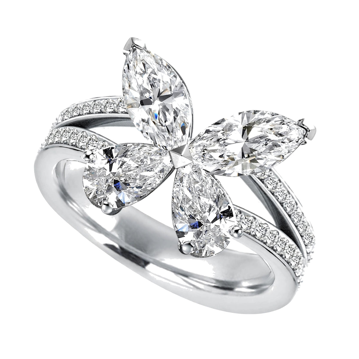 14K Yellow Gold Butterfly Diamond Statement Ring – Marquise & Pear Cut Cluster Accent.