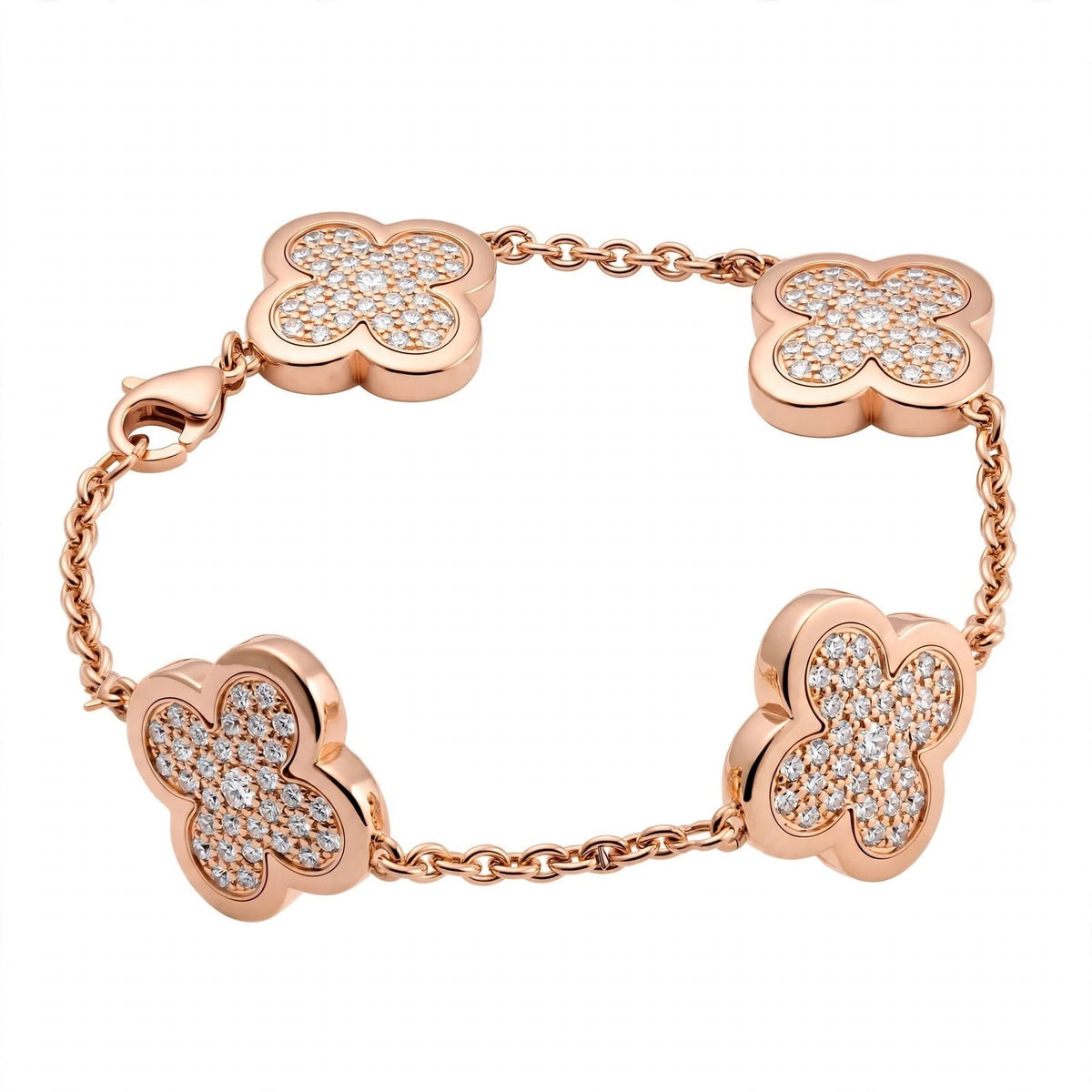18K Yellow Gold Pavé Diamond Clover Charm Link Bracelet