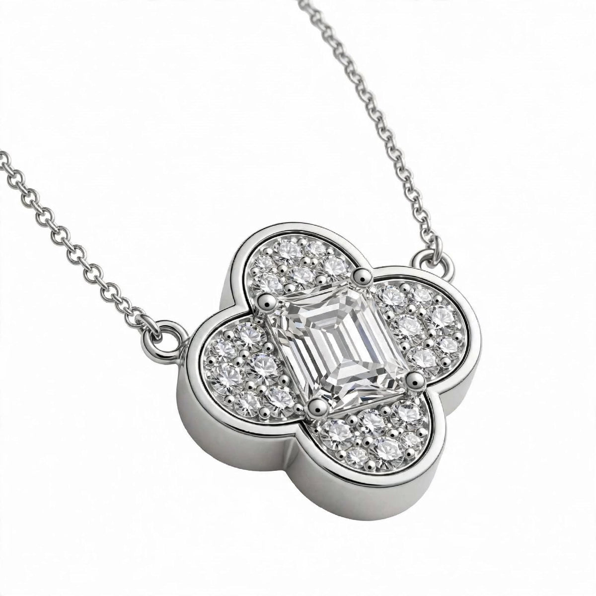 18K Yellow Gold Emerald-Cut Diamond Clover Pendant Necklace