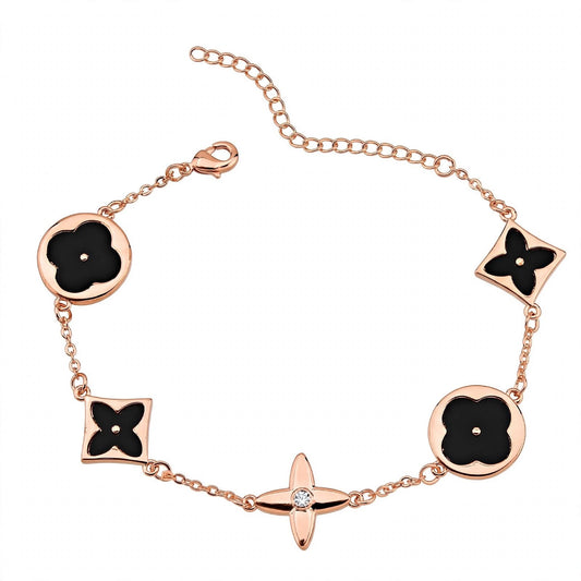14K Rose Gold Mixed Motif Black Enamel Charm Bracelet.