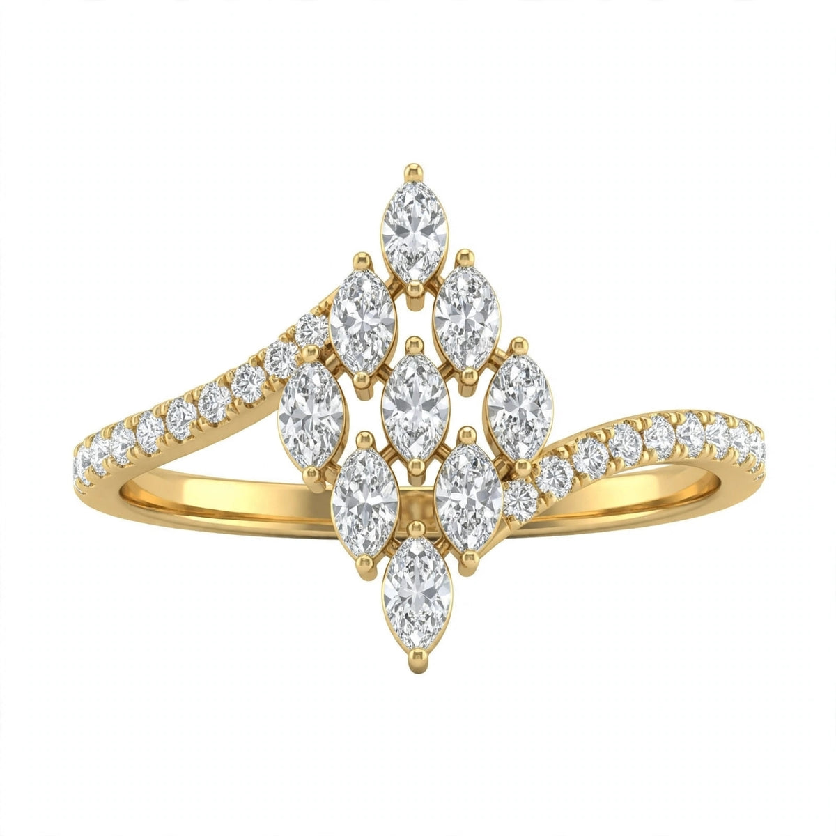 Yellow Gold Multi-Stone Marquise Diamond Cluster Bypass Ring