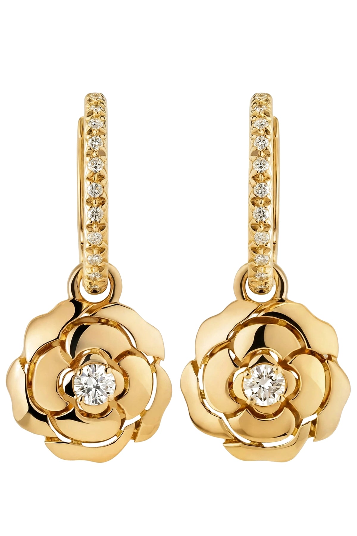 18K Rose Gold Camellia Flower Drop Earrings with Brilliant Diamonds.