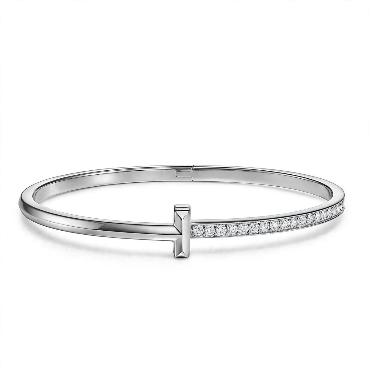 18K Yellow Gold Pavé Diamond T-Bar Hinged Bangle Bracelet