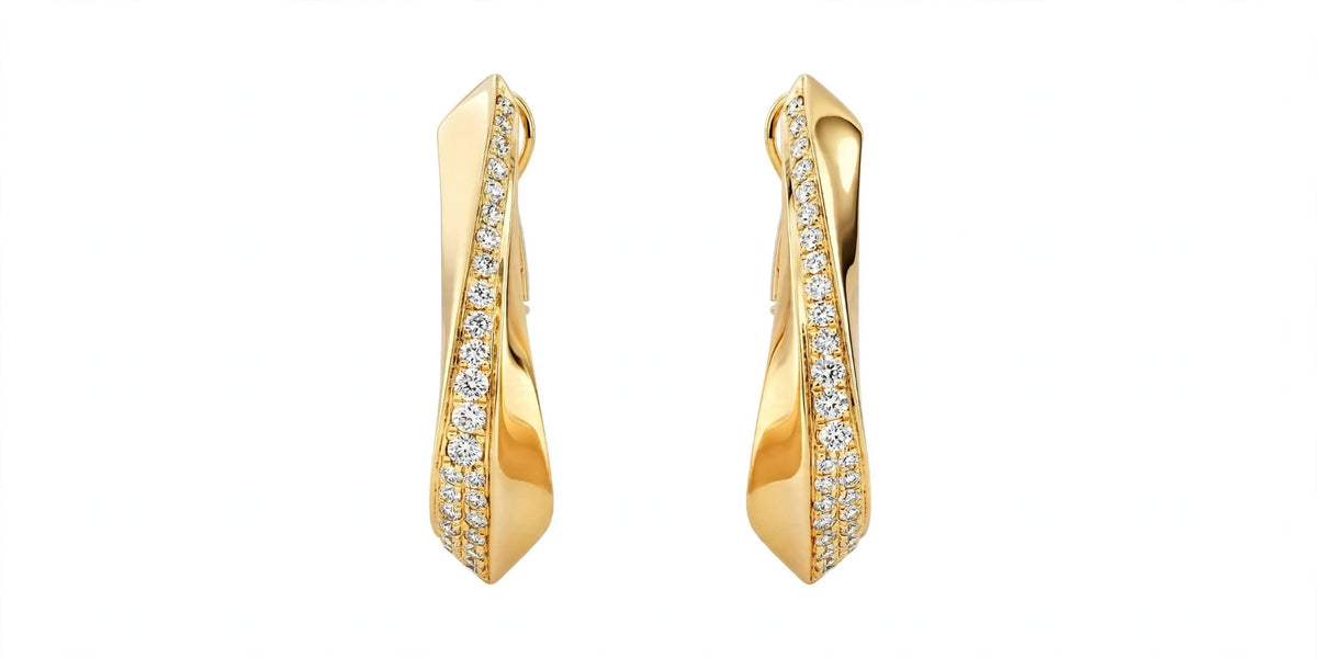 Yellow Gold Diamond Twist Hoop Earrings – Sculptural Wave J-Hoops
