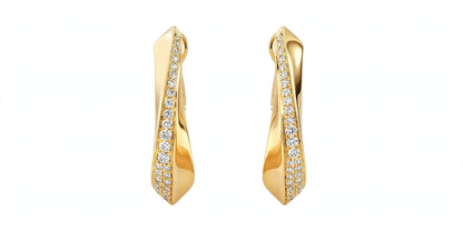 Yellow Gold Diamond Twist Hoop Earrings – Sculptural Wave J-Hoops