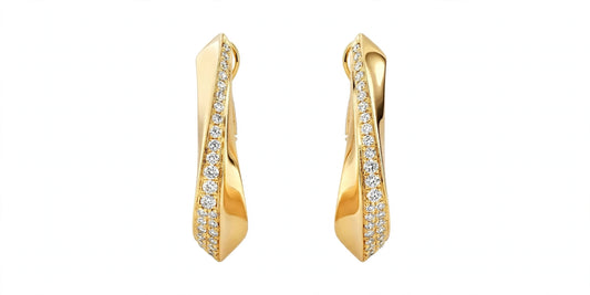 18K Yellow Gold Diamond Twist Hoop Earrings – Sculptural Wave J-Hoops