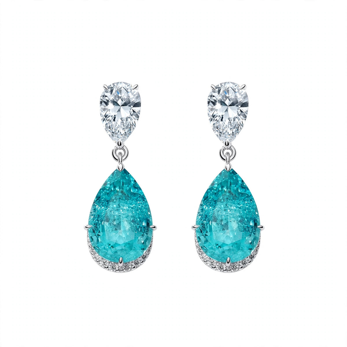 18K White Gold Rare Pear-Cut Paraiba Tourmaline Drop Earrings with Diamond Halos