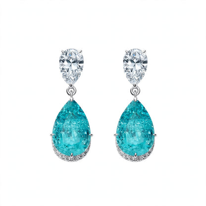 18K White Gold Rare Pear-Cut Paraiba Tourmaline Drop Earrings with Diamond Halos