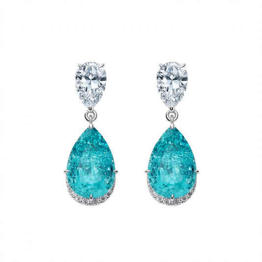 18K White Gold Rare Pear-Cut Paraiba Tourmaline Drop Earrings with Diamond Halos