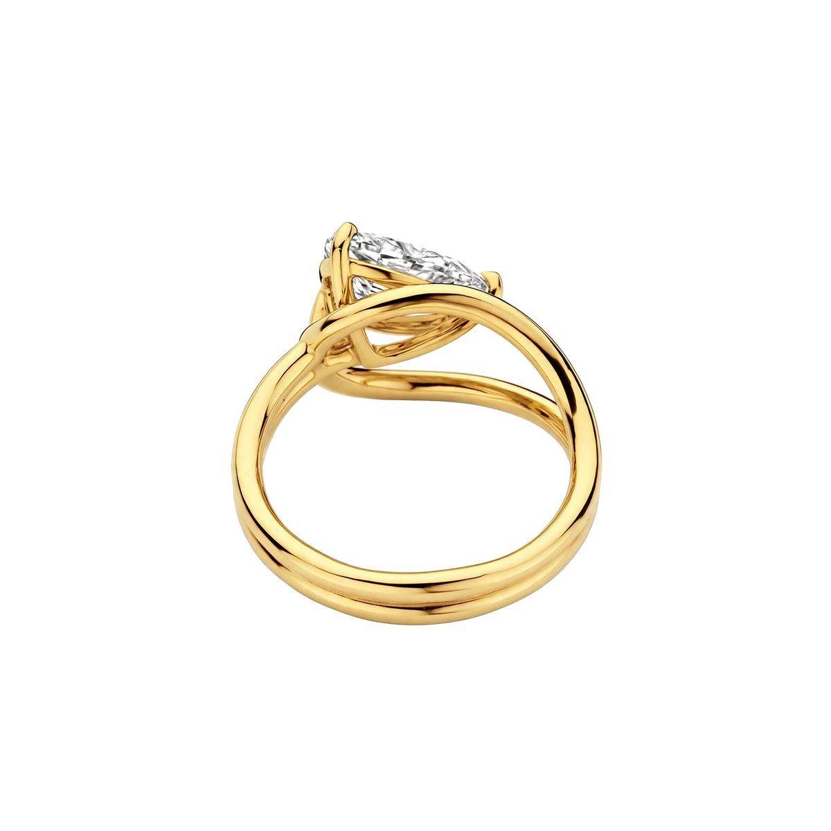14K Yellow Gold Sculptural Pear-Shaped Diamond Wave Ring.