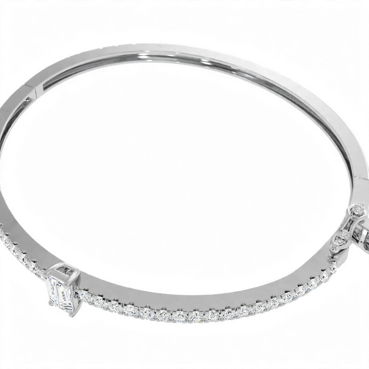 14K White Gold Emerald-Cut Diamond Solitaire Pavé Bangle Bracelet