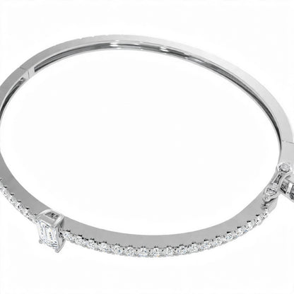 14K White Gold Emerald-Cut Diamond Solitaire Pavé Bangle Bracelet