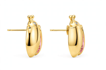 14K Gold Ladybug Stud Earrings with Pear-Cut Pink Zirconia & Crystal Eyes.