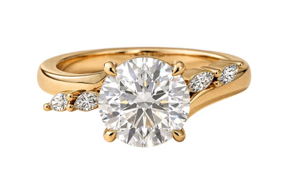 14K Yellow Gold Nature-Inspired Round Cut Solitaire Engagement Ring with Marquise Diamond Accents.