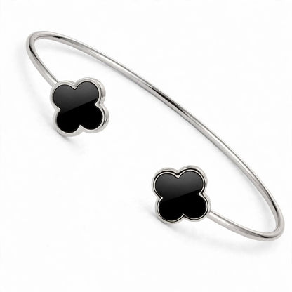 18K Gold Plated Open Cuff Bangle with Twin Black Clover Motifs