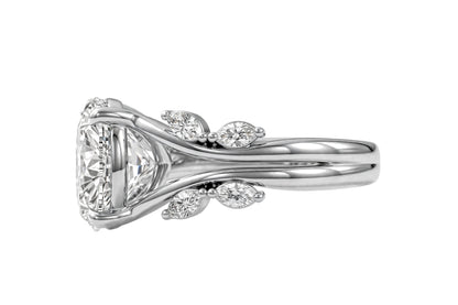14K Yellow Gold Nature-Inspired Round Cut Solitaire Engagement Ring with Marquise Diamond Accents.