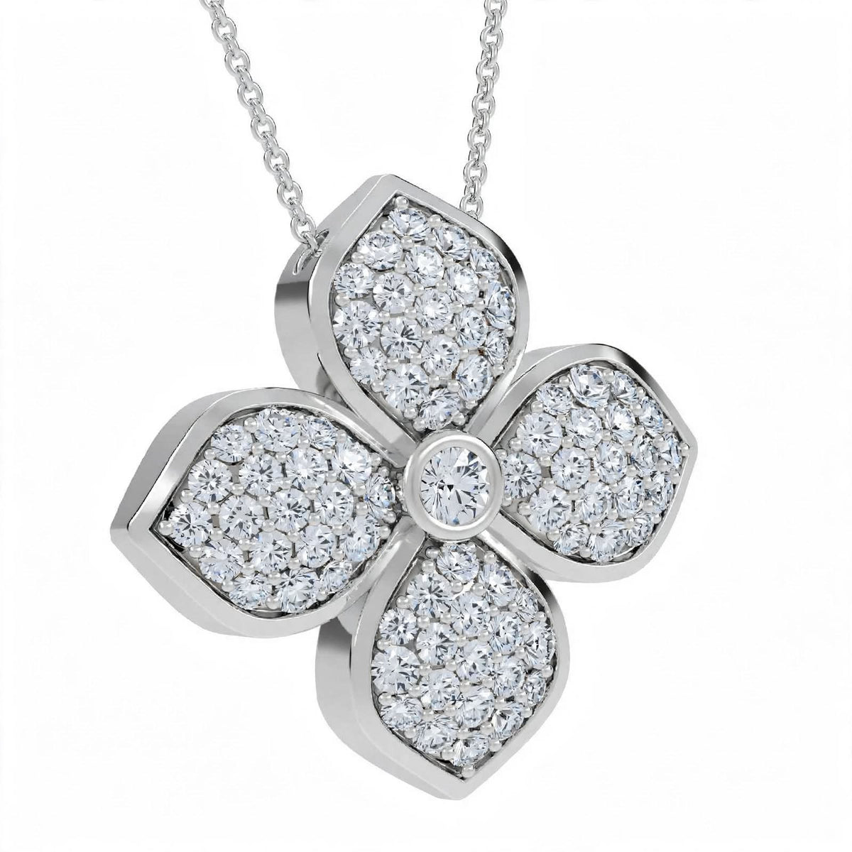 18K Yellow Gold Pavé Diamond Four-Petal Flower Pendant Necklace