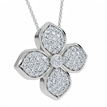 18K Yellow Gold Pavé Diamond Four-Petal Flower Pendant Necklace