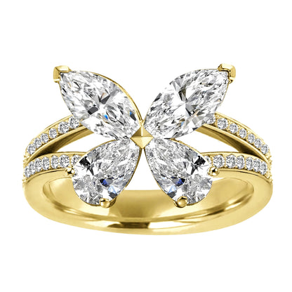 14K Yellow Gold Butterfly Diamond Statement Ring – Marquise & Pear Cut Cluster Accent.